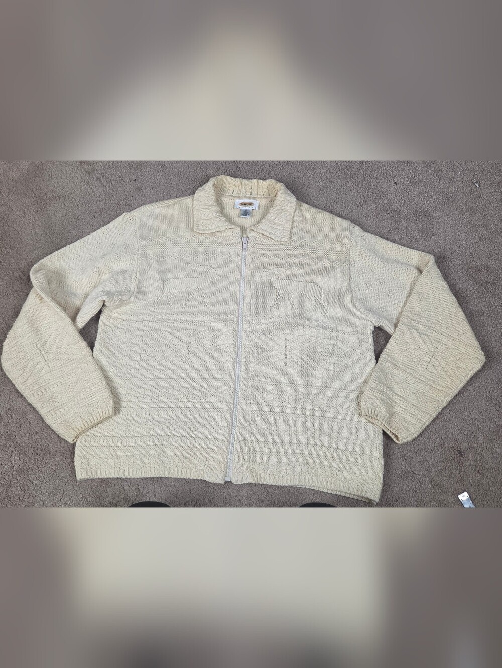 Talbots Cream Zip-Up Knit Sweater with Fold-Over Collar